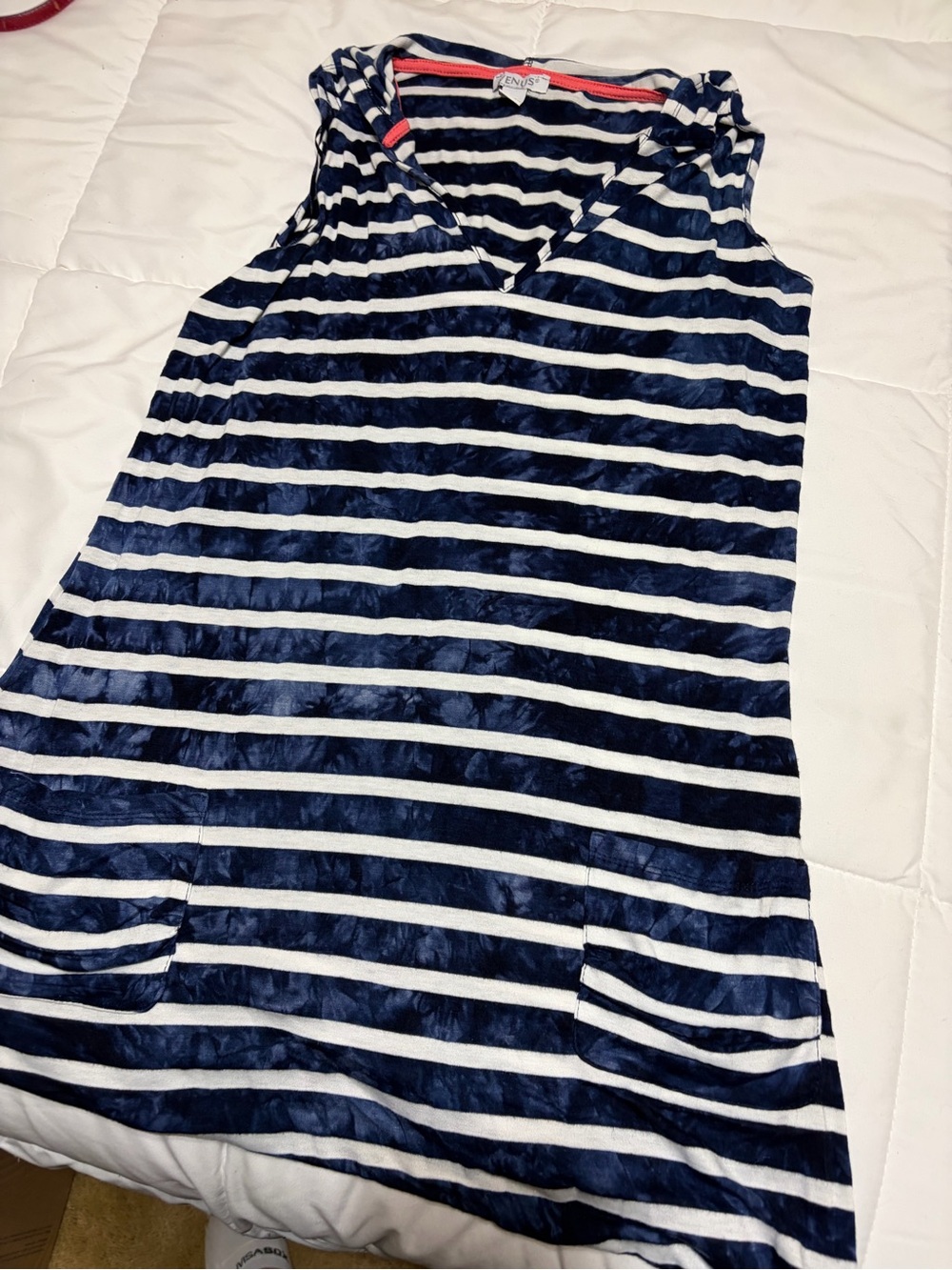 VENUS Navy Blue and White Striped Top with Coral Trim